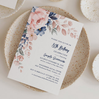 Pink Floral Script 80. Geburtstagsparty Einladung
