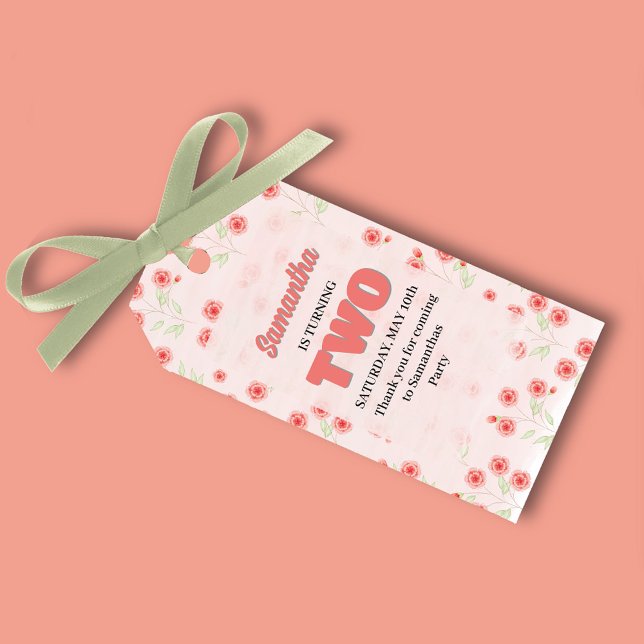 Pink Floral Second Birthday Custom Party Favor Geschenkanhänger (Cute pink floral custom girls birthday party favor tag.)