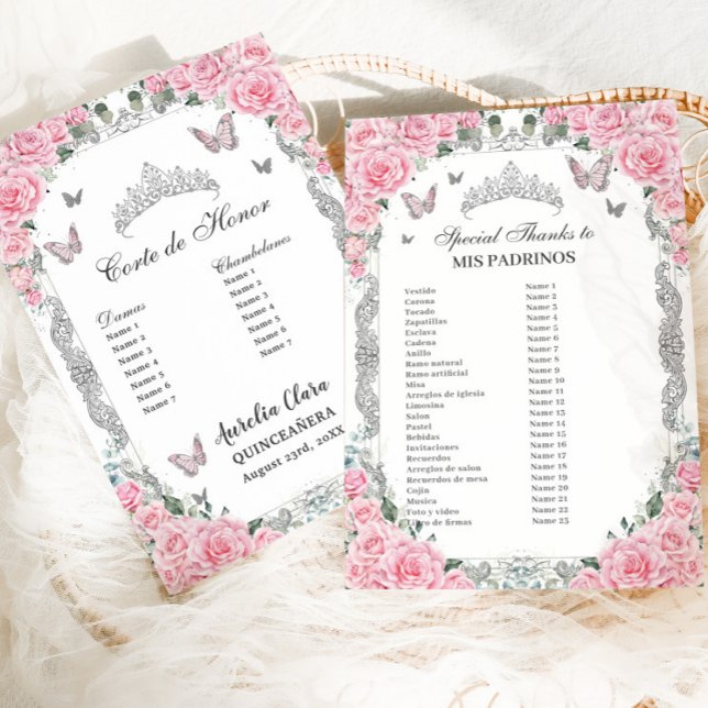Pink Floral Silber Quinceañera Mis Padrinos Card Einladung (pink roses floral silver butterflies quinceanera mis padrinos corte de honor list cards printed)