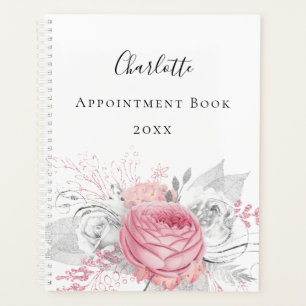 Pink floral silver foliage white name script 2023 planer