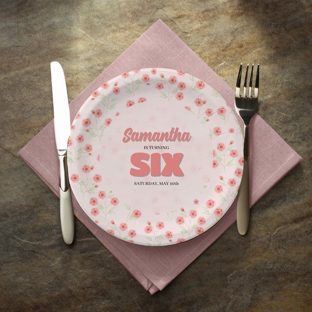 Pink Floral Sixth Birthday Girl Party Custom Pappteller (Celebrate her sixth birthday in style with custom party paper plates. )