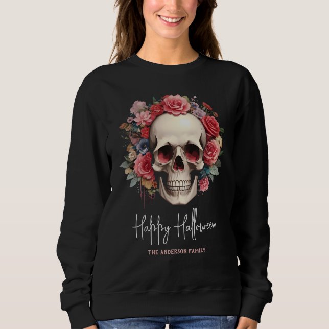 Pink Floral Skull Halloween Sweatshirt (Vorderseite)