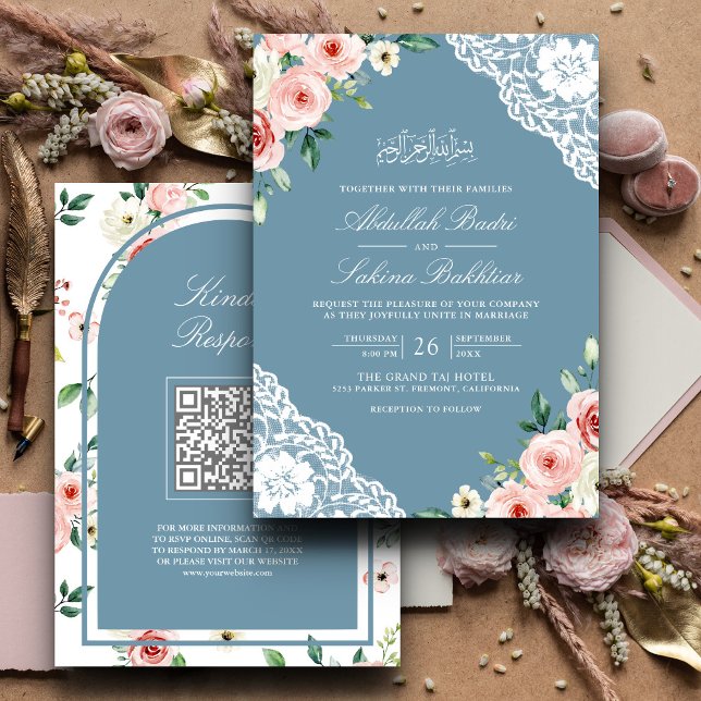Pink Floral Soft Blue Lace QR Code Muslime Hochzei Einladung (Von Creator hochgeladen)
