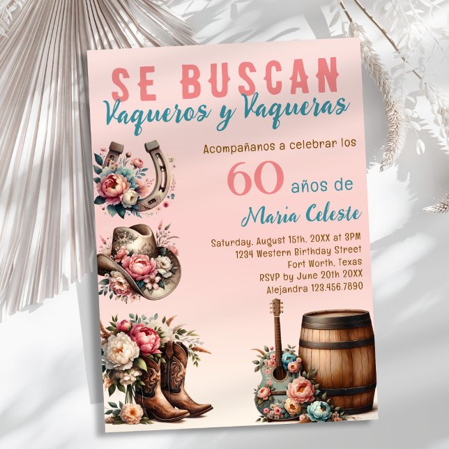Pink Floral Spanischer Western Cowboy 60. Geburtst Einladung (Von Creator hochgeladen)