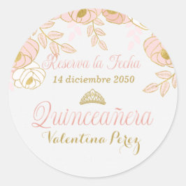 Pink Floral Spanish Quinceanera Reserva la Fecha Runder Aufkleber
