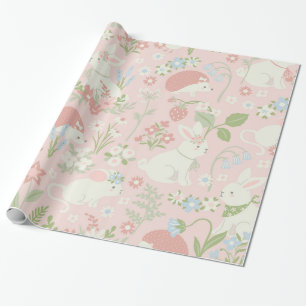 Pink Floral Spring Bunnies Geschenkpapier