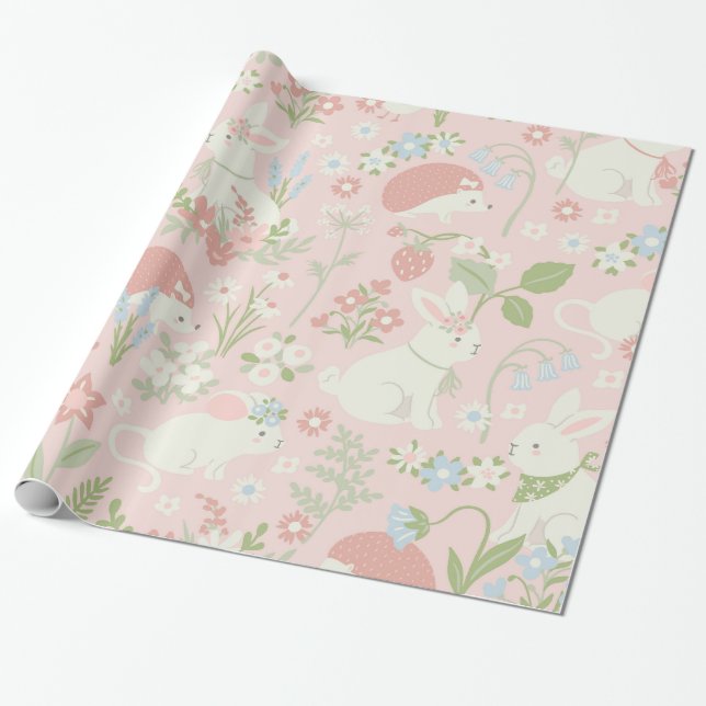 Pink Floral Spring Bunnies Geschenkpapier (Ungerollt)