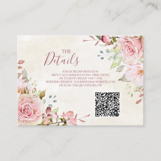 Pink Floral Spring Wedding QR code Details Insert (Vorderseite)