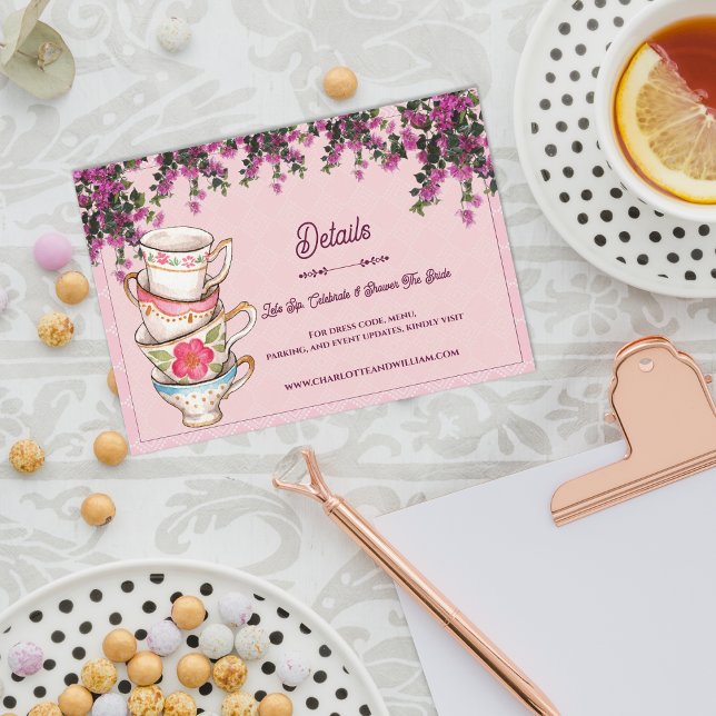Pink Floral Stacked Teacups Bridal Shower Details Begleitkarte (Pink Floral Stacked Teacups Bridal Shower Details Enclosure Card)