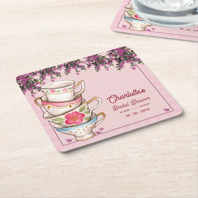 Pink Floral Stacked Teacups Bridal Shower Party Rechteckiger Pappuntersetzer (angewinkelt)