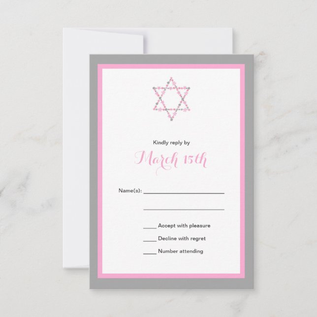 Pink Floral Star Bat Mitzvah RSVP CARD Karte (Vorderseite)
