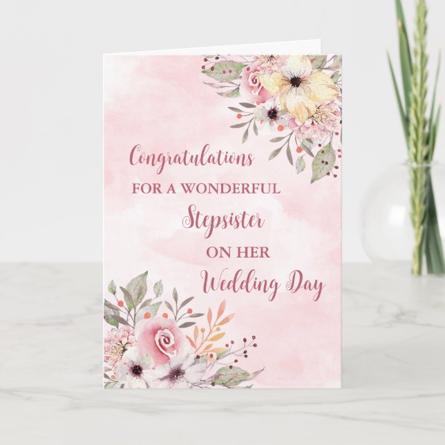 Pink Floral Stepsister Hochzeitsgratulation Karte (Vorderseite)