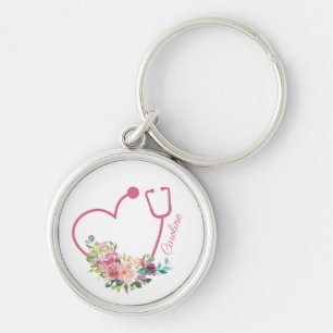 Pink Floral Stethoscope Heart Medical Nurse Doctor Schlüsselanhänger