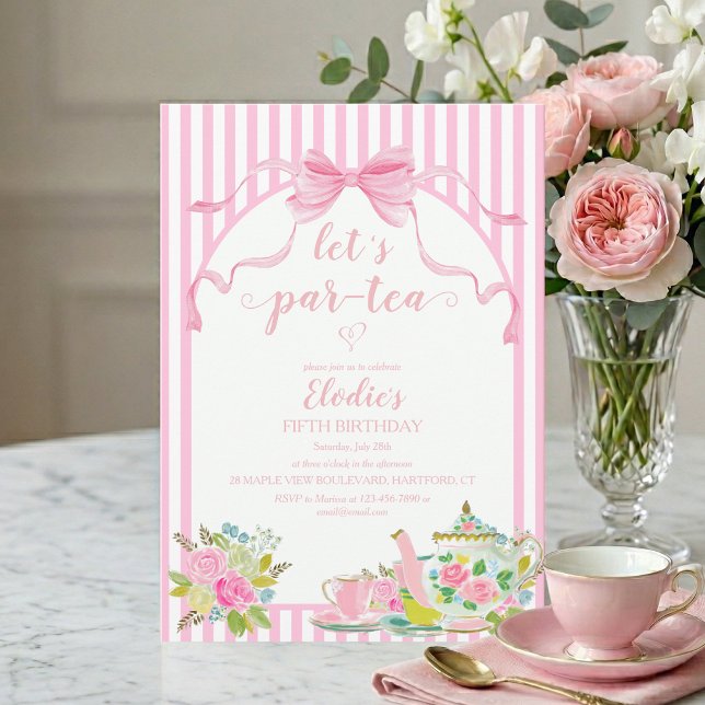 Pink Floral Stripe Let's Par-tea Birthday Einladung (lets par-tea pink bow coquette parisian stripe floral girls birthday tea party invitation)