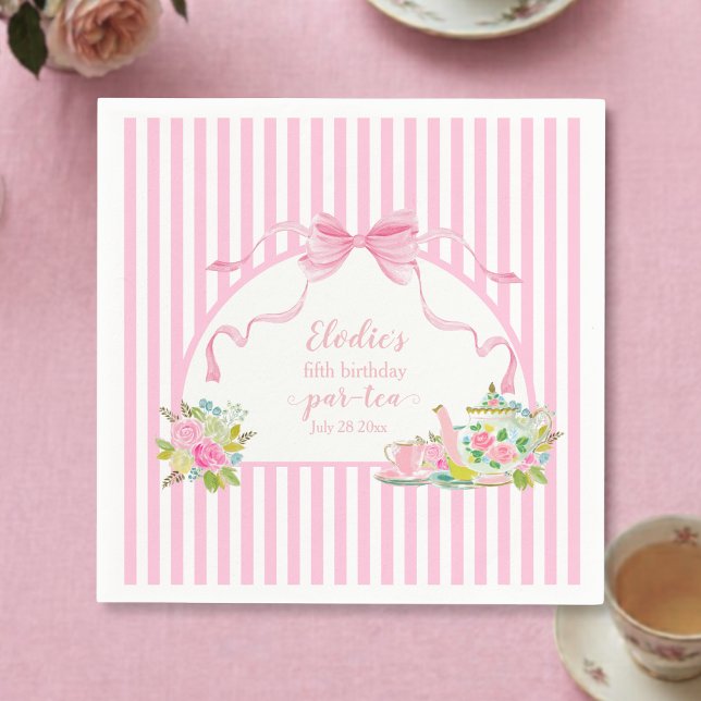 Pink Floral Stripe Let's Par-tea Birthday Serviette (pink coquette bow floral stripe lets par-tea birthday party napkin)
