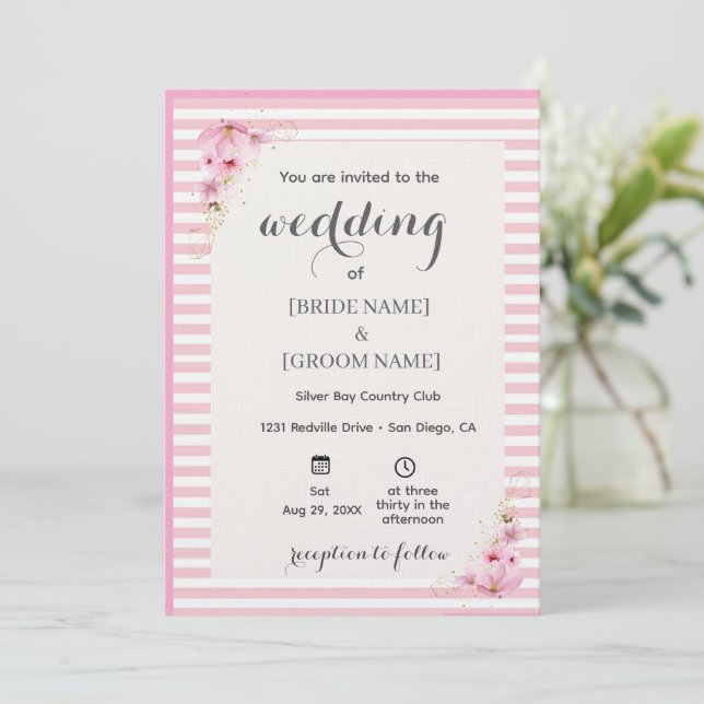 Pink Floral Striped Wedding Invitation Einladung (Stehend Vorderseite)