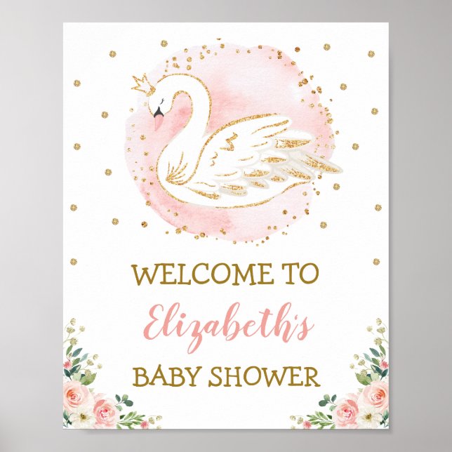 Pink Floral Swan Princess Girl Babydusche Willkomm Poster (Vorne)