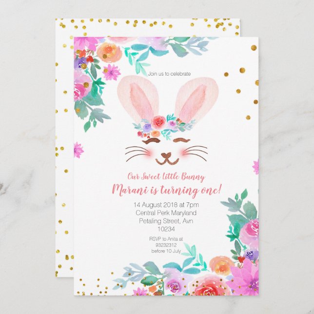 Pink Floral Sweet Bunny 1. Geburtstag Einladung (Vorne/Hinten)