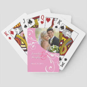 Pink Floral Swirl Wedding Photo Playing Cards Spielkarten