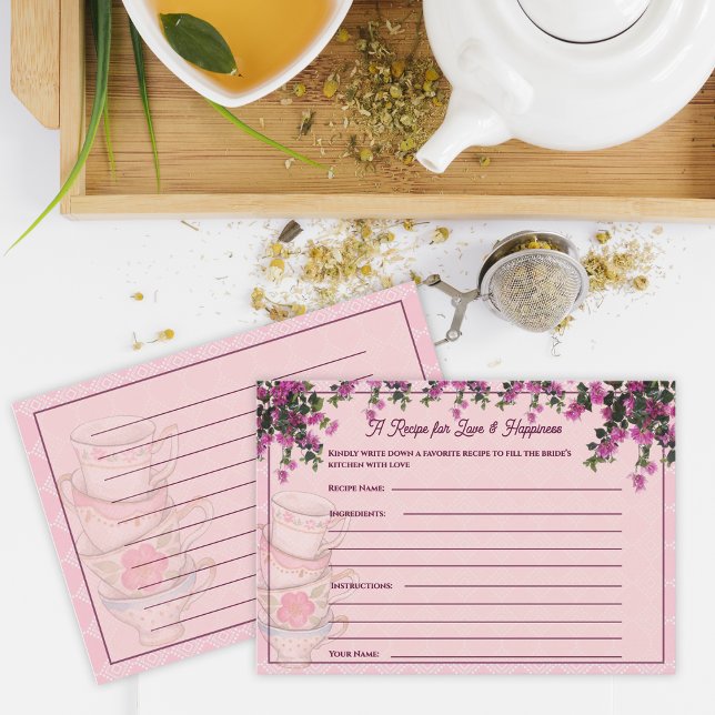Pink Floral Teacups Bridal Shower Recipe Card Begleitkarte (Pink Floral Teacups Bridal Shower Recipe Card)