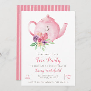 Pink Floral Teapot Girl's Birthday Tea Party Invit Einladung