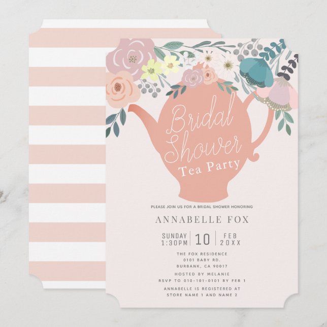 Pink Floral Teapot Tee Party Brautparty Einladung (Vorne/Hinten)