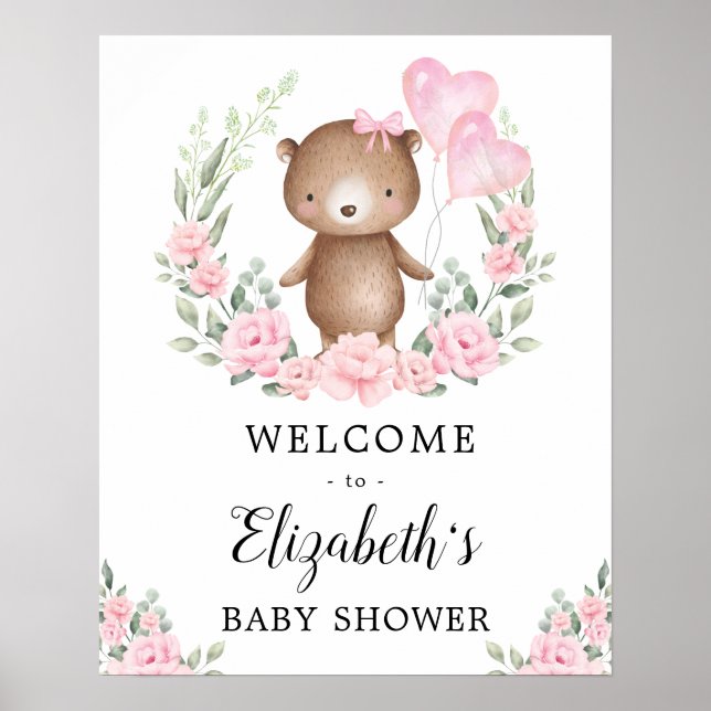 Pink Floral Teddy Bear Girl Babydusche Willkommen Poster (Vorne)