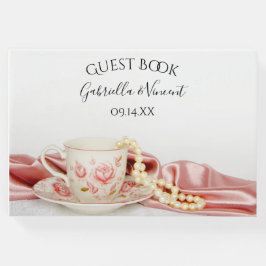 Pink Floral Tee Cup and Pearls Wedding Gästebuch