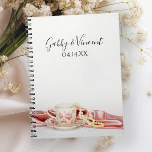 Pink Floral Tee Cup mit Perlen Wedding Gästebuch Notizblock