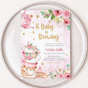 Pink Floral Tee Party Babydusche Einladung