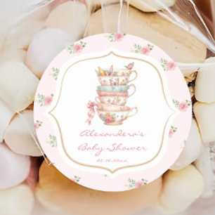 Pink Floral Tee Party Babydusche Runder Aufkleber
