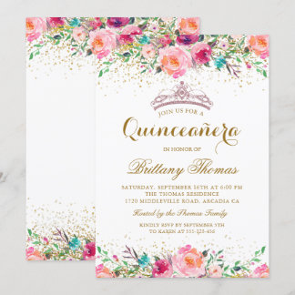 Pink Floral Tiara Quinceanera 15. Geburtstag Einla Einladung