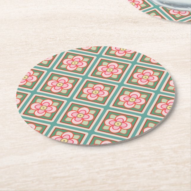 Pink Floral Trellis Vintage Blume Muster Runder Pappuntersetzer (Angewinkelt)