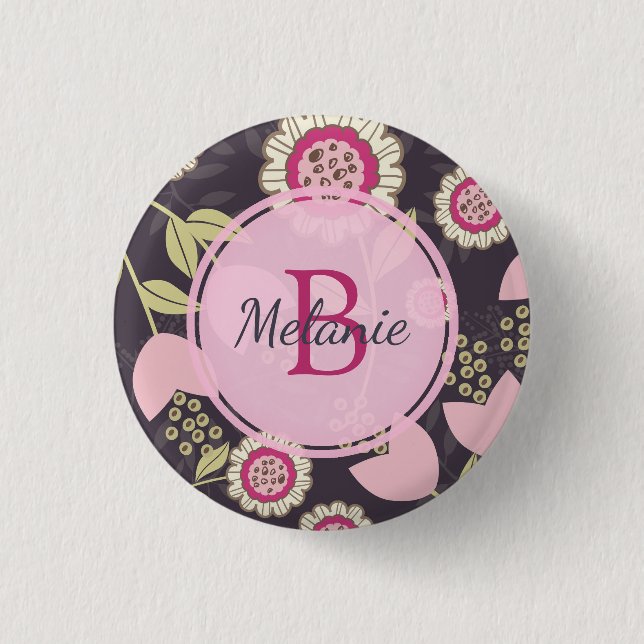 Pink Floral Tulip Muster Monogramm Button (Vorderseite)