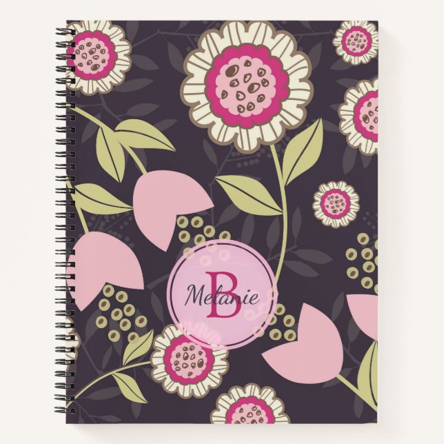 Pink Floral Tulip Muster Monogramm Notizbuch (Vorderseite)