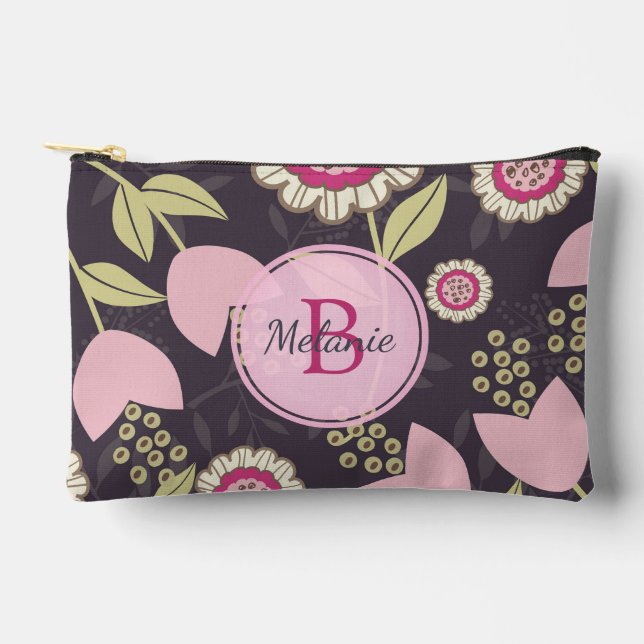 Pink Floral Tulip Muster Monogramm Zubehörtasche (Vorderseite)