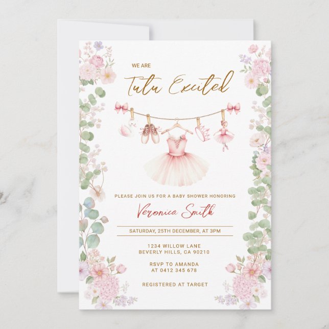 Pink Floral Tutu Excited Ballerina Baby Shower  Einladung (Vorderseite)