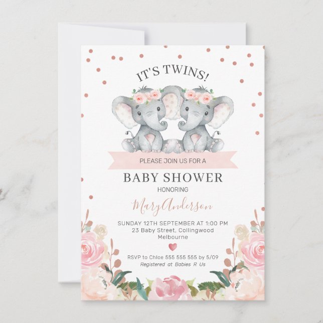 Pink Floral Twin Girls Elephants Babydusche Einladung (Vorderseite)