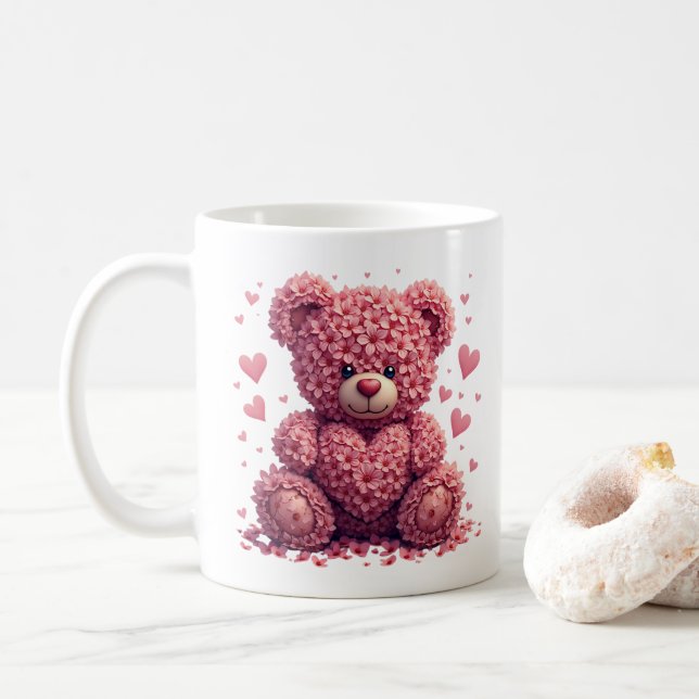 Pink Floral Valentine Teddy Bear Kaffeetasse (Mit Donut)