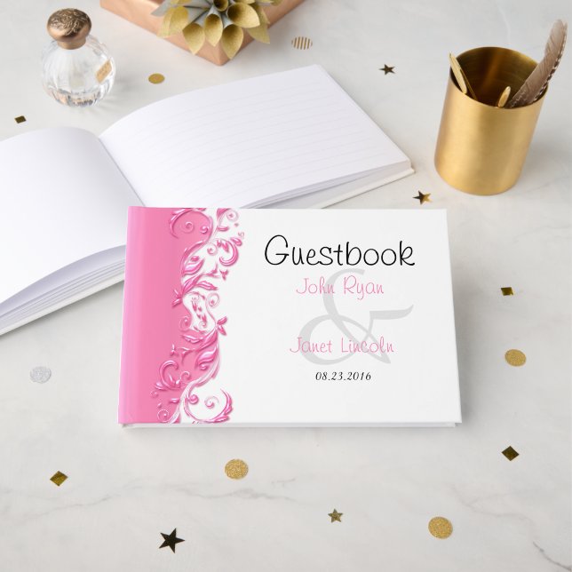 Pink Floral Verziert Guestbook Gästebuch (Vorderseite Offen)
