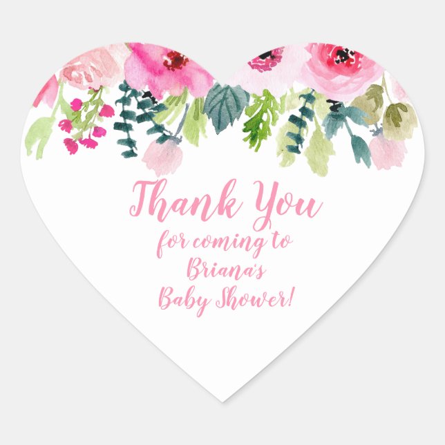 Pink Floral Vielen Dank Baby Shower Favoriten Herz Herz-Aufkleber (Vorderseite)