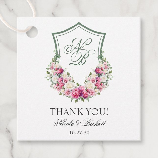 Pink Floral Wappen Hochzeit Vielen Dank Geschenkanhänger (Vorderseite)