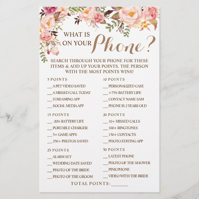 Pink Floral Was auf Ihrer Phone Shower Game Card i Flyer (Vorne)