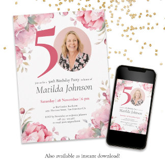 Pink Floral Wasserfarbe Custom Foto 50. Geburtstag Einladung