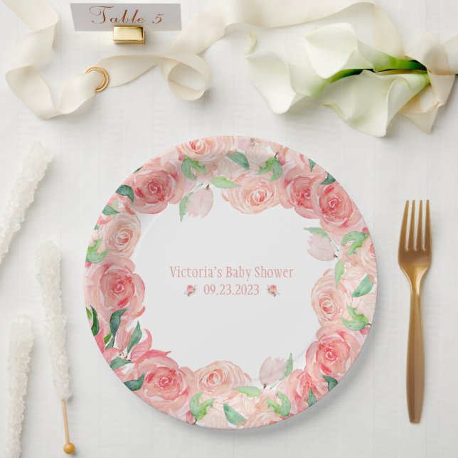 Pink Floral Wasserfarbe Datum Kinderdusche Pappteller (Hochzeit)