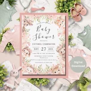 Pink Floral Wasserfarbe Tiere Babydusche Einladung
