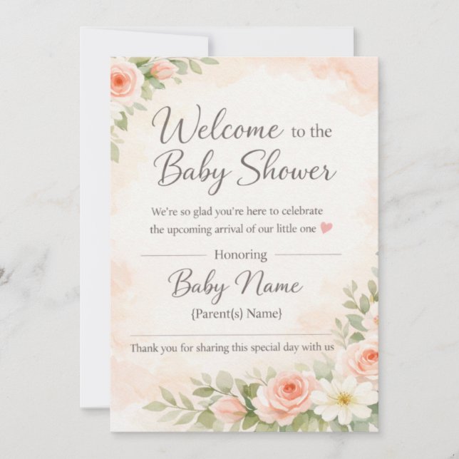 Pink Floral Watercolor Baby Shower Welcome Sign –  Einladung (Vorderseite)