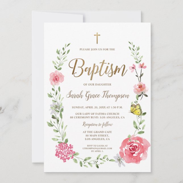 Pink Floral Watercolor Baptism Gold Cross Script  Einladung (Vorderseite)