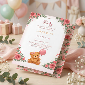 Pink Floral Watercolor Bear with Balloon Einladung