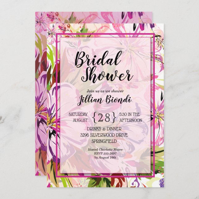 Pink Floral Watercolor Brautparty lädt ein (Vorne/Hinten)